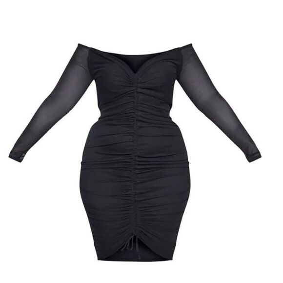 Sexy Mesh Bodycon Off Shoulder Long Sleeve Ruched Drawstring Knee Length Dress - Picture 3 of 14